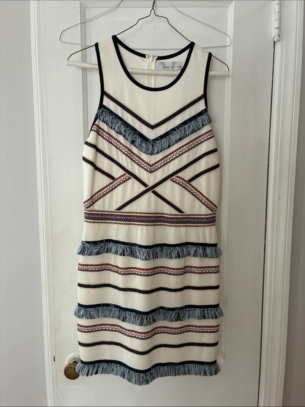Boden White Mini Dress with Navy Trim and Blue Fringe